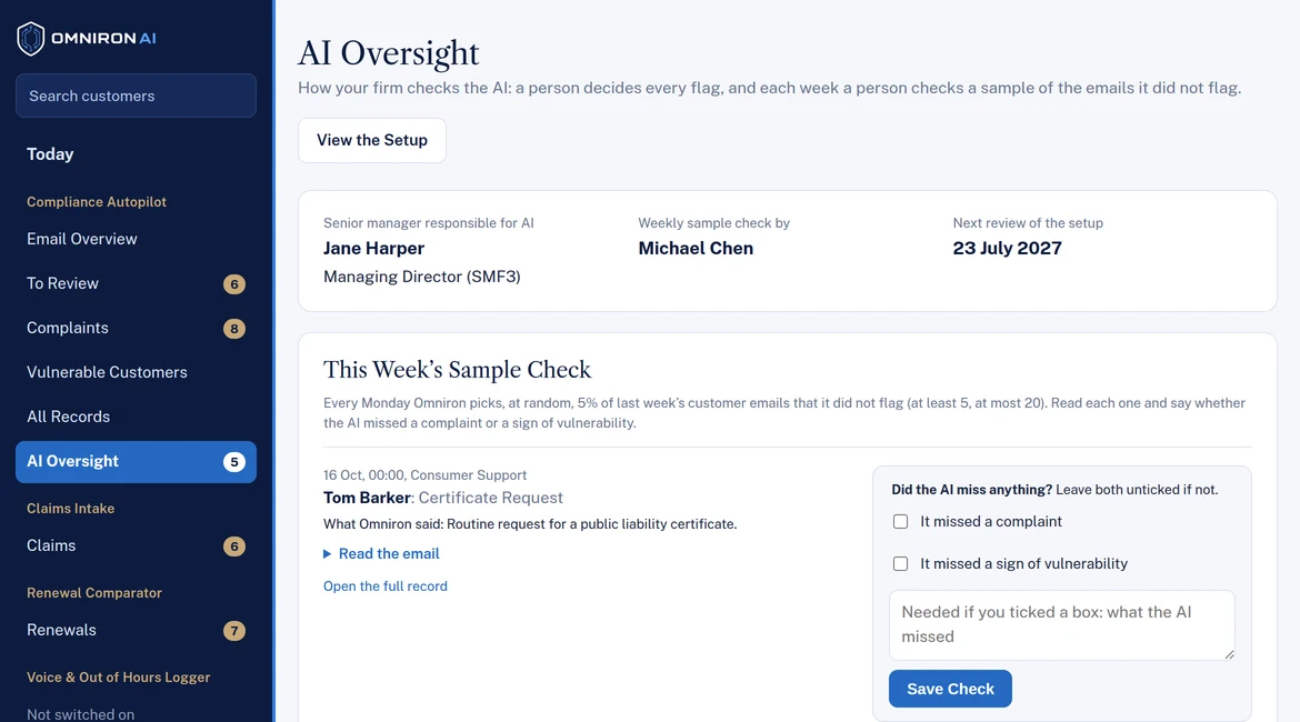 The AI Oversight page for a demo broker: the named senior manager responsible for AI, and this week's sample of emails the AI did not flag, each with a check to record whether anything was missed