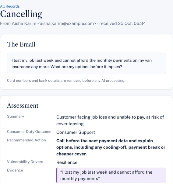 A demo email from a customer who has lost her job and cannot afford her payments, flagged as a vulnerable customer, with the reason quoted from her email
