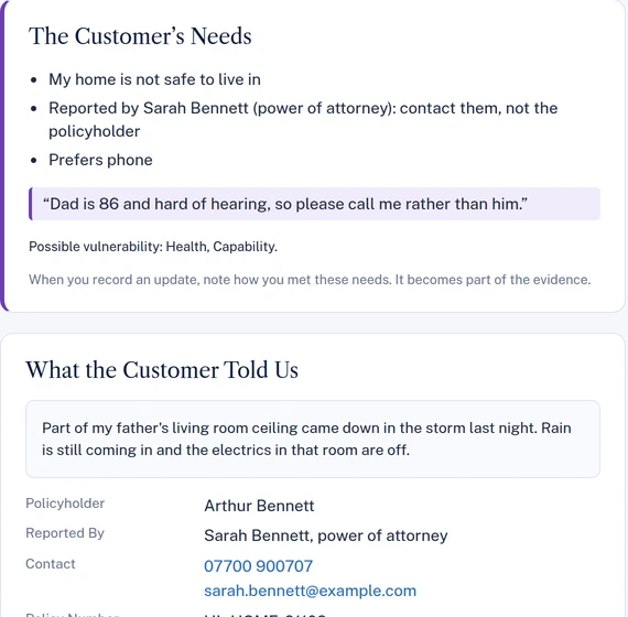 A demo home claim reported by a daughter for her father: the customer’s needs, what the customer told us and the policy details
