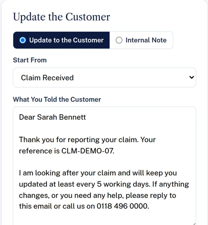 Updating the customer on a demo claim, starting from ready-made wording