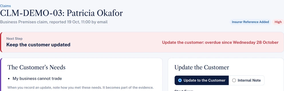 A demo business claim with its next step overdue: keep the customer updated, overdue since a date shown in red