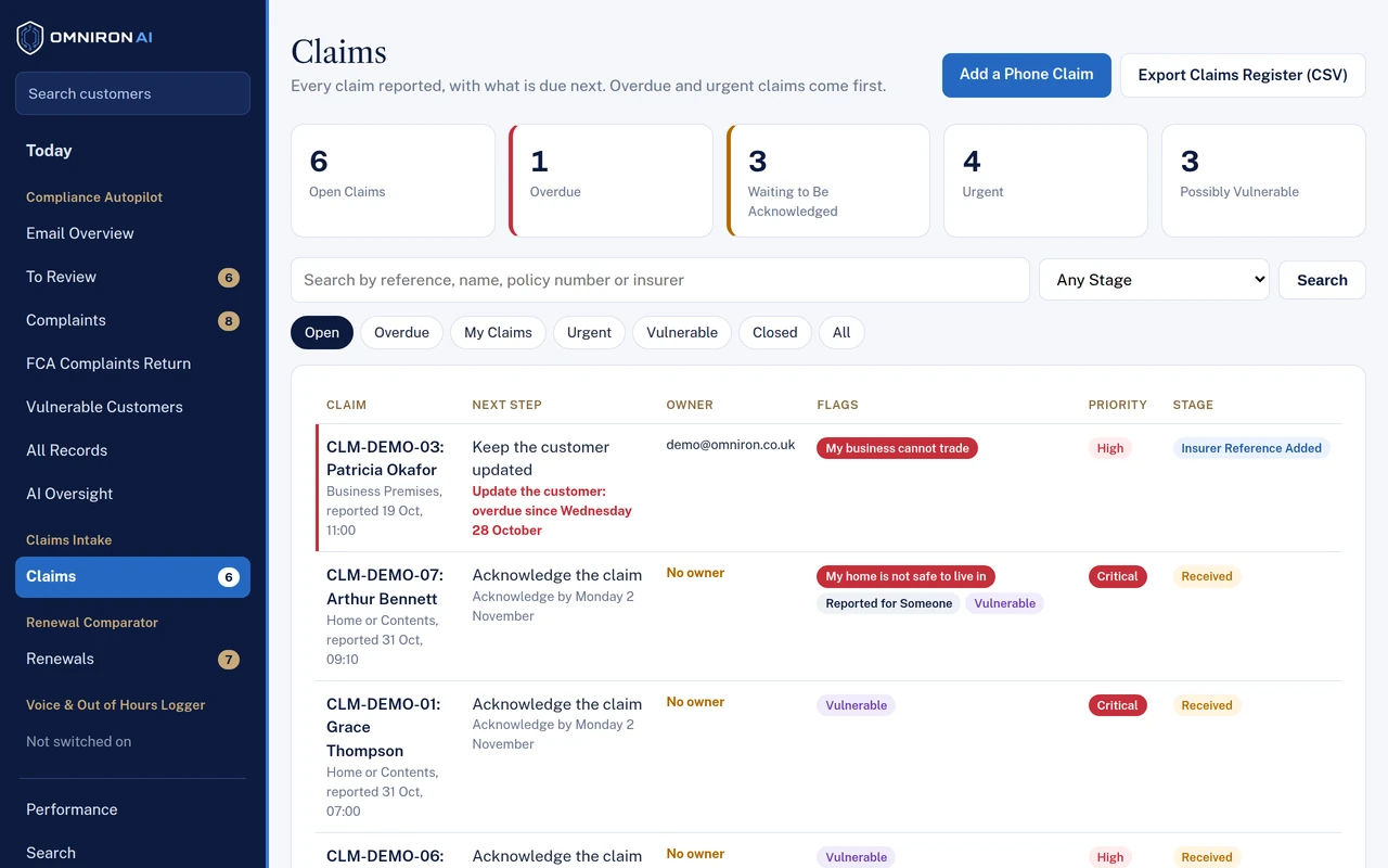 The Claims page for a demo broker: open, overdue, waiting to be acknowledged, urgent and possibly vulnerable claims, then each claim with its next step